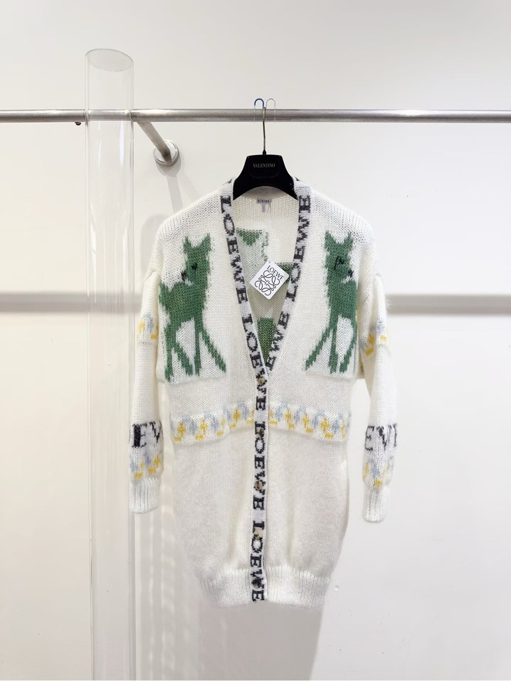 Loewe Cream Knit Cardigan with Green Deer Motif and Yellow Accents